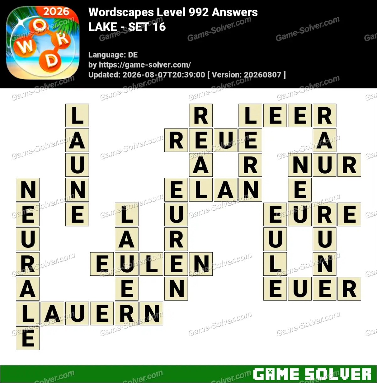 Wordscapes Deutsche Level 992 Answers — LAKE - SET 16