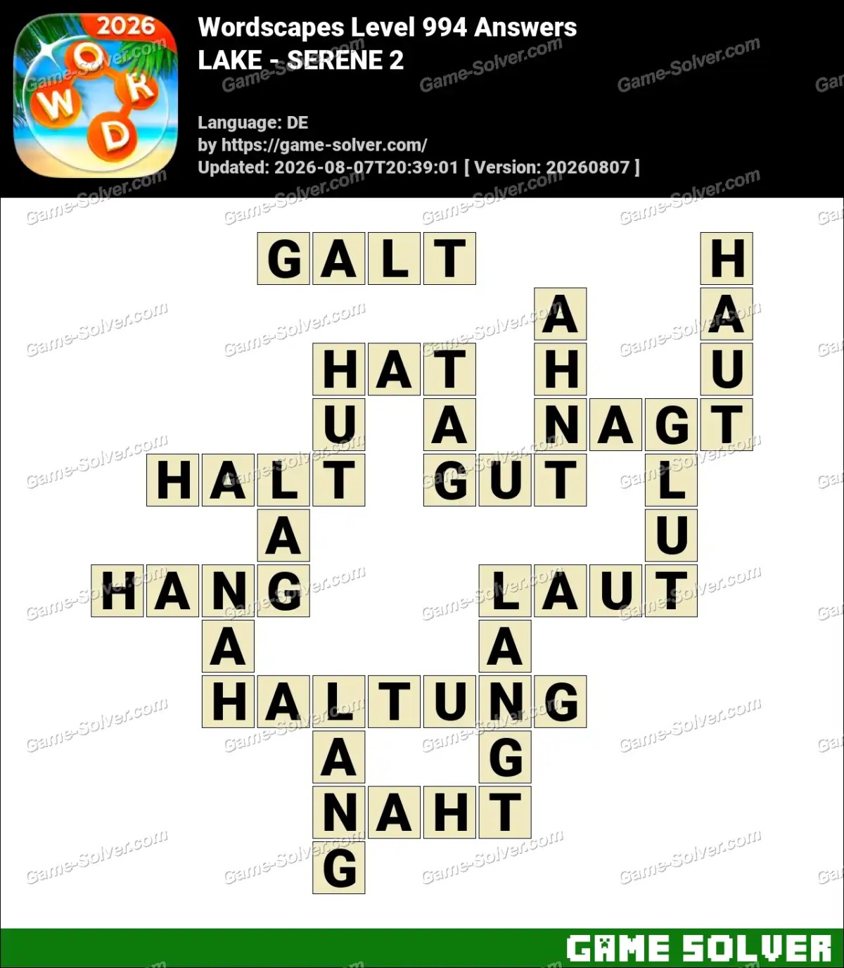 Wordscapes Deutsche Level 994 Answers — LAKE - SERENE 2