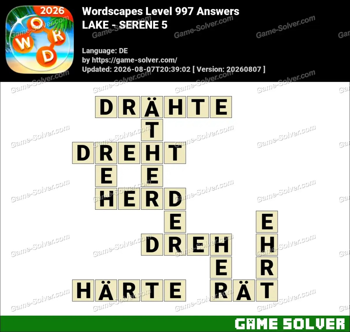 Wordscapes Deutsche Level 997 Answers — LAKE - SERENE 5
