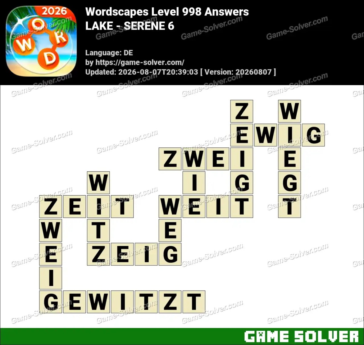 Wordscapes Deutsche Level 998 Answers — LAKE - SERENE 6