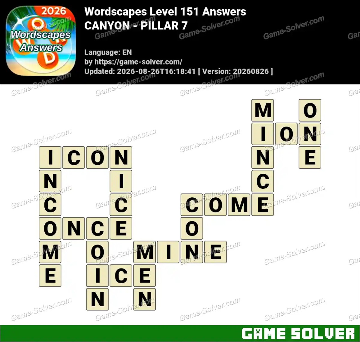 Wordscapes Level 151 Answers — CANYON - PILLAR 7