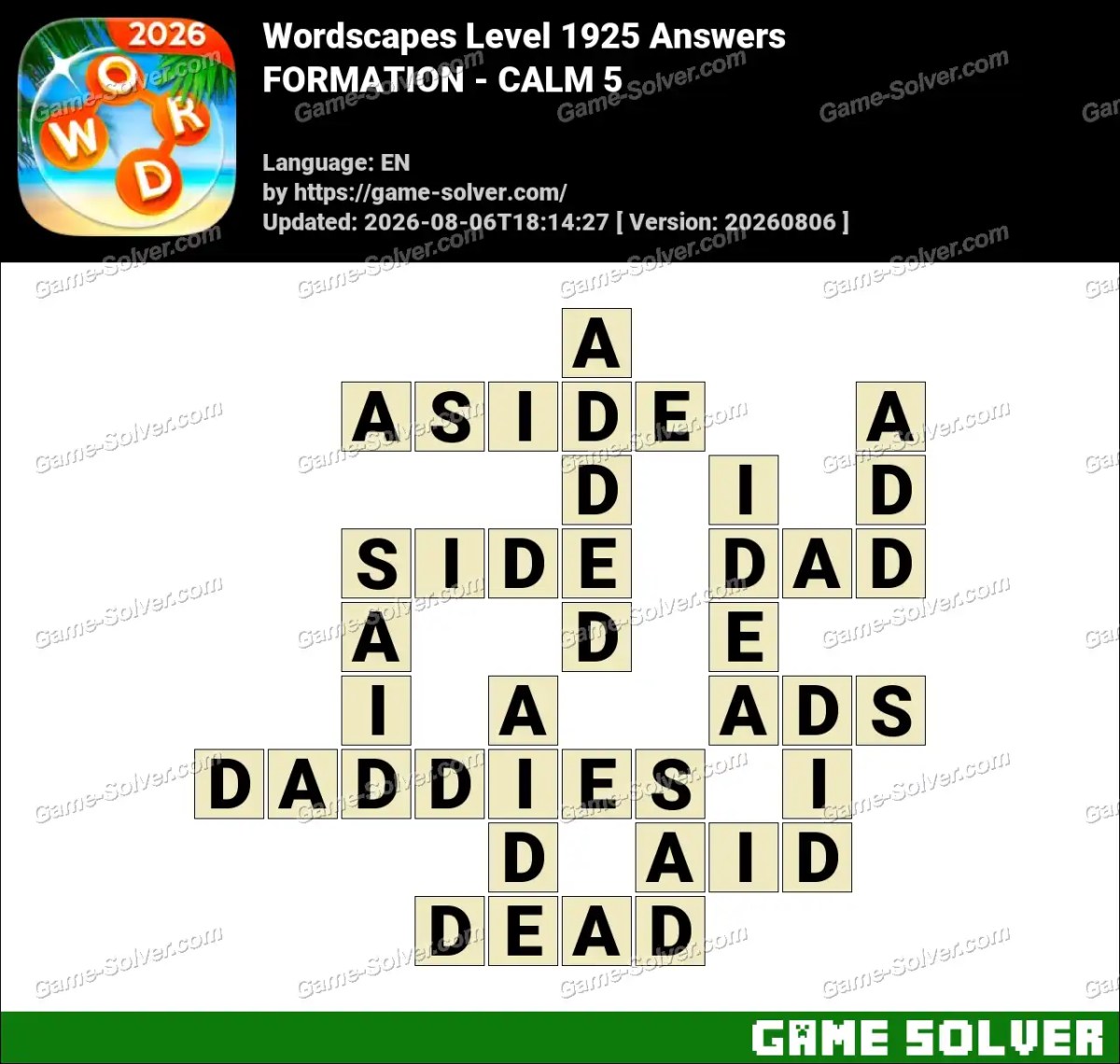 Wordscapes Level 1925 Answers — FORMATION - CALM 5