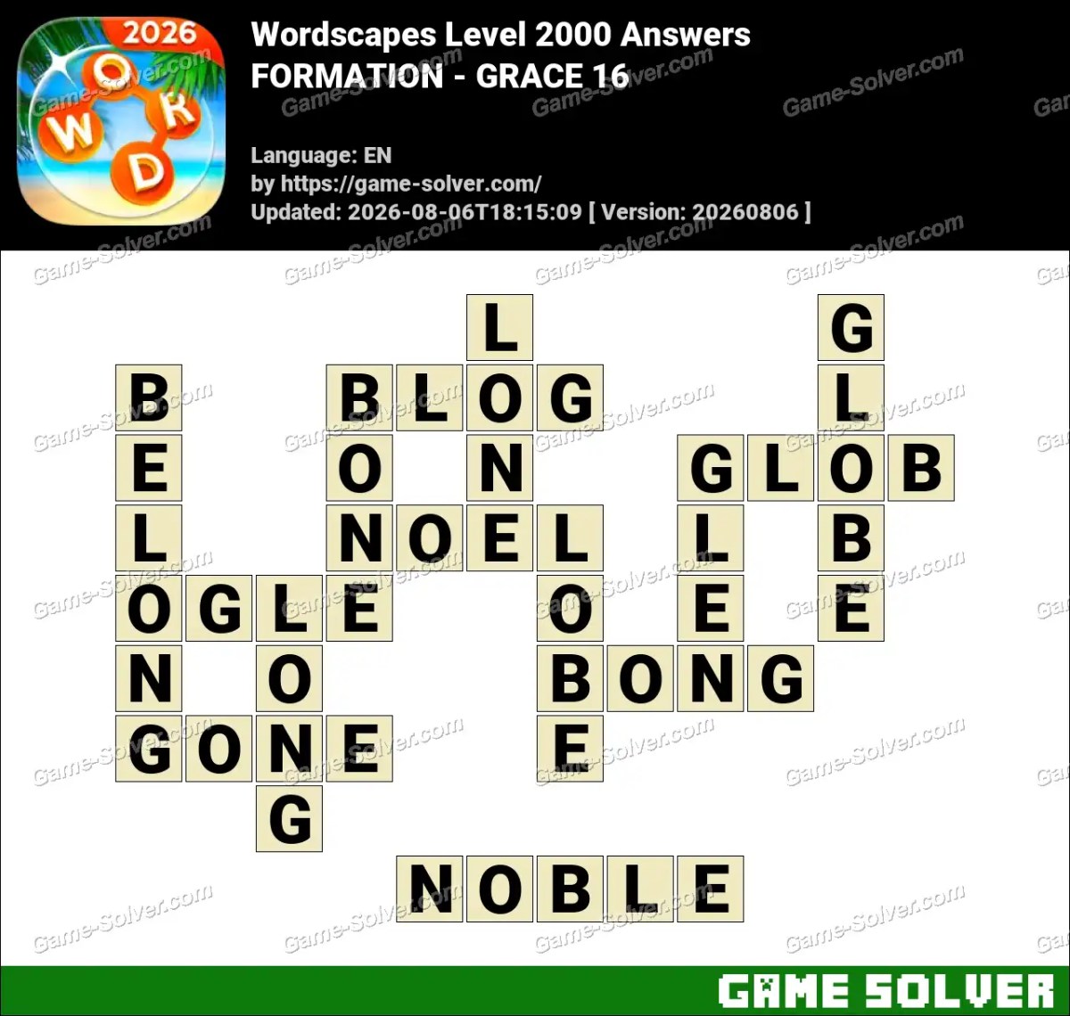 Wordscapes Level 2000 Answers — FORMATION - GRACE 16