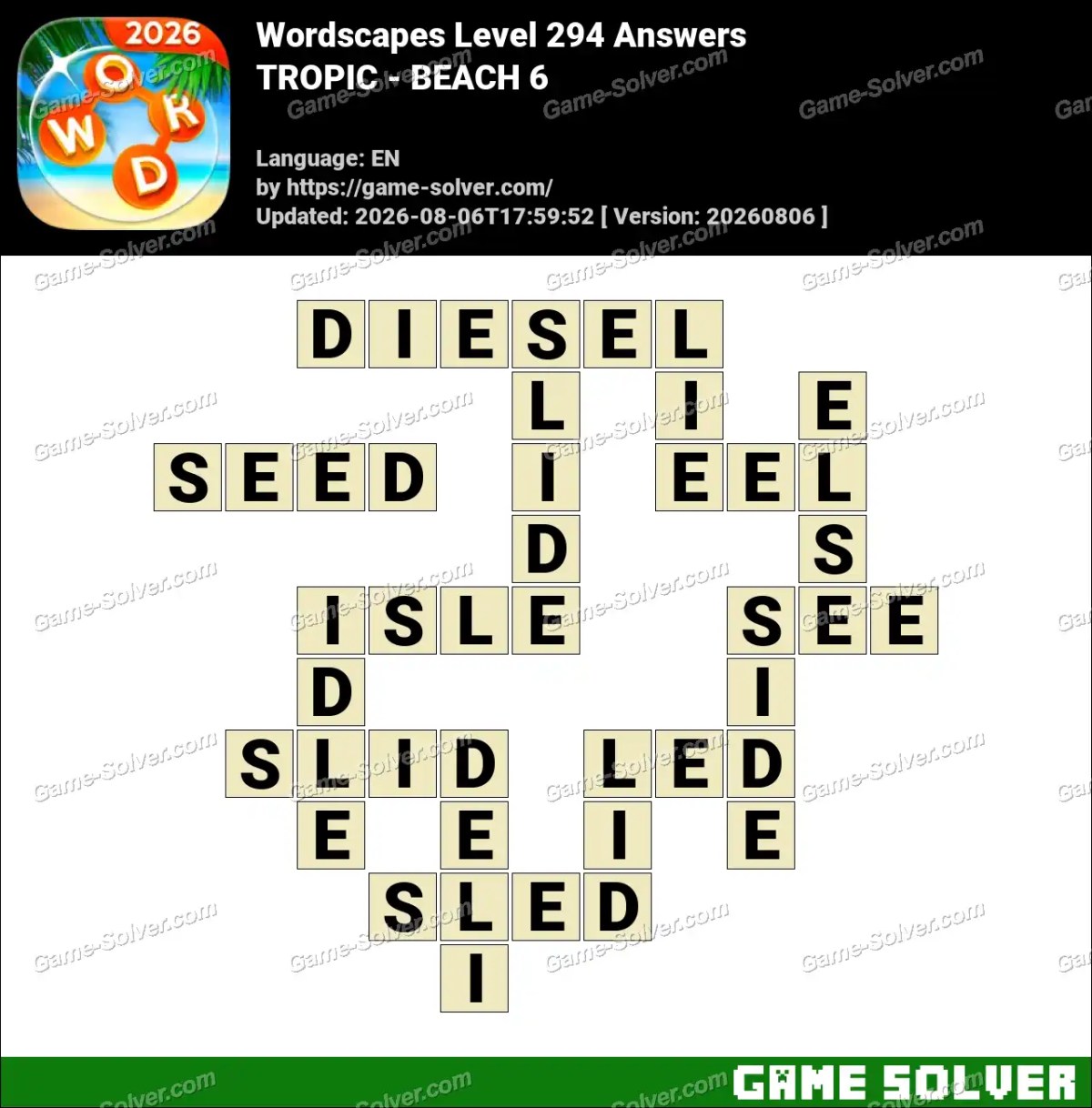 Wordscapes Level 294 Answers — TROPIC - BEACH 6