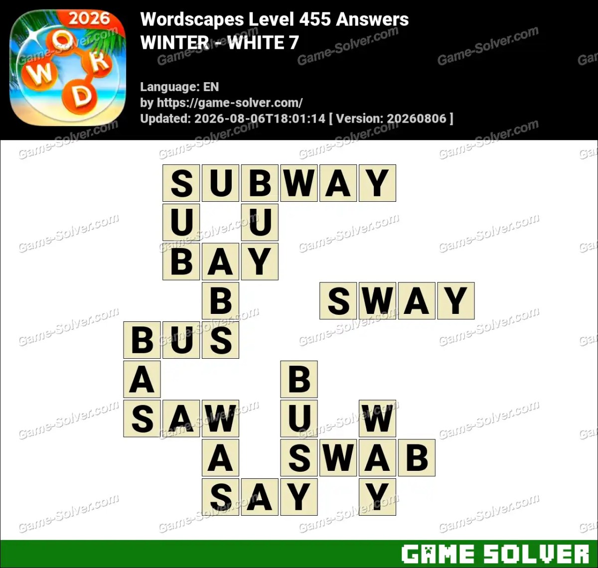 Wordscapes Level 455 Answers — WINTER - WHITE 7