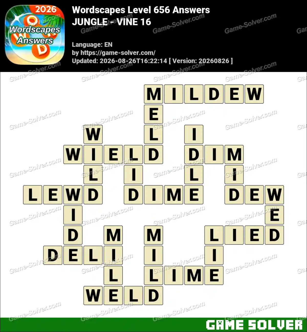 Wordscapes Level 656 Answers — JUNGLE - VINE 16