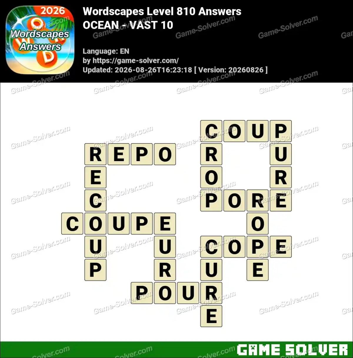 Wordscapes Level 810 Answers — OCEAN - VAST 10