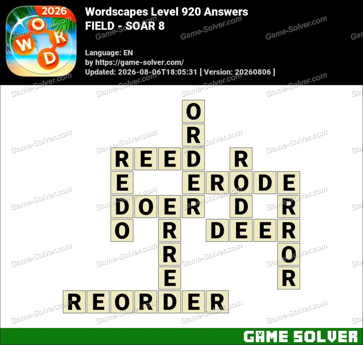 Wordscapes Level 920 Answers — FIELD - SOAR 8
