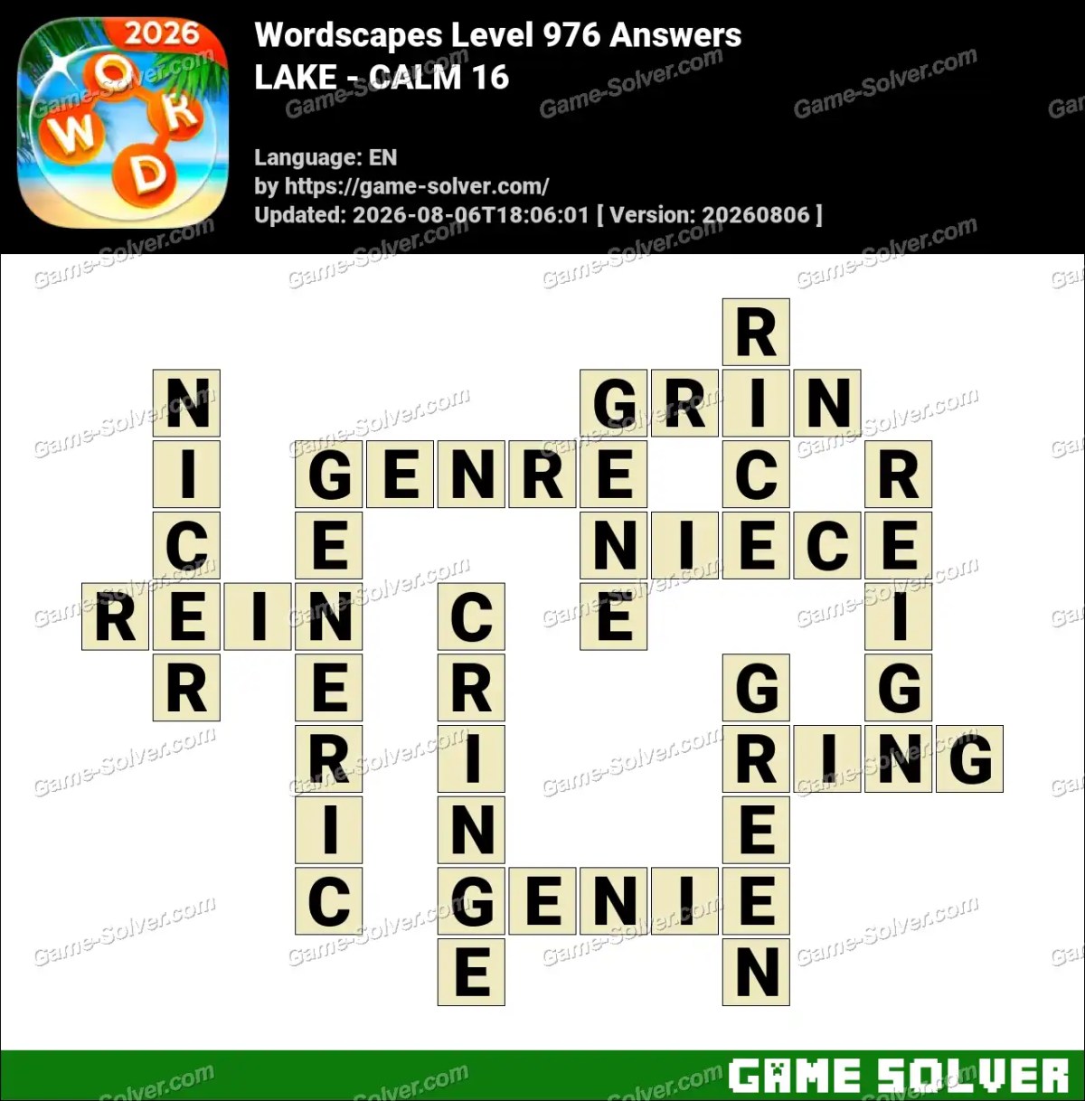 Wordscapes Level 976 Answers — LAKE - CALM 16