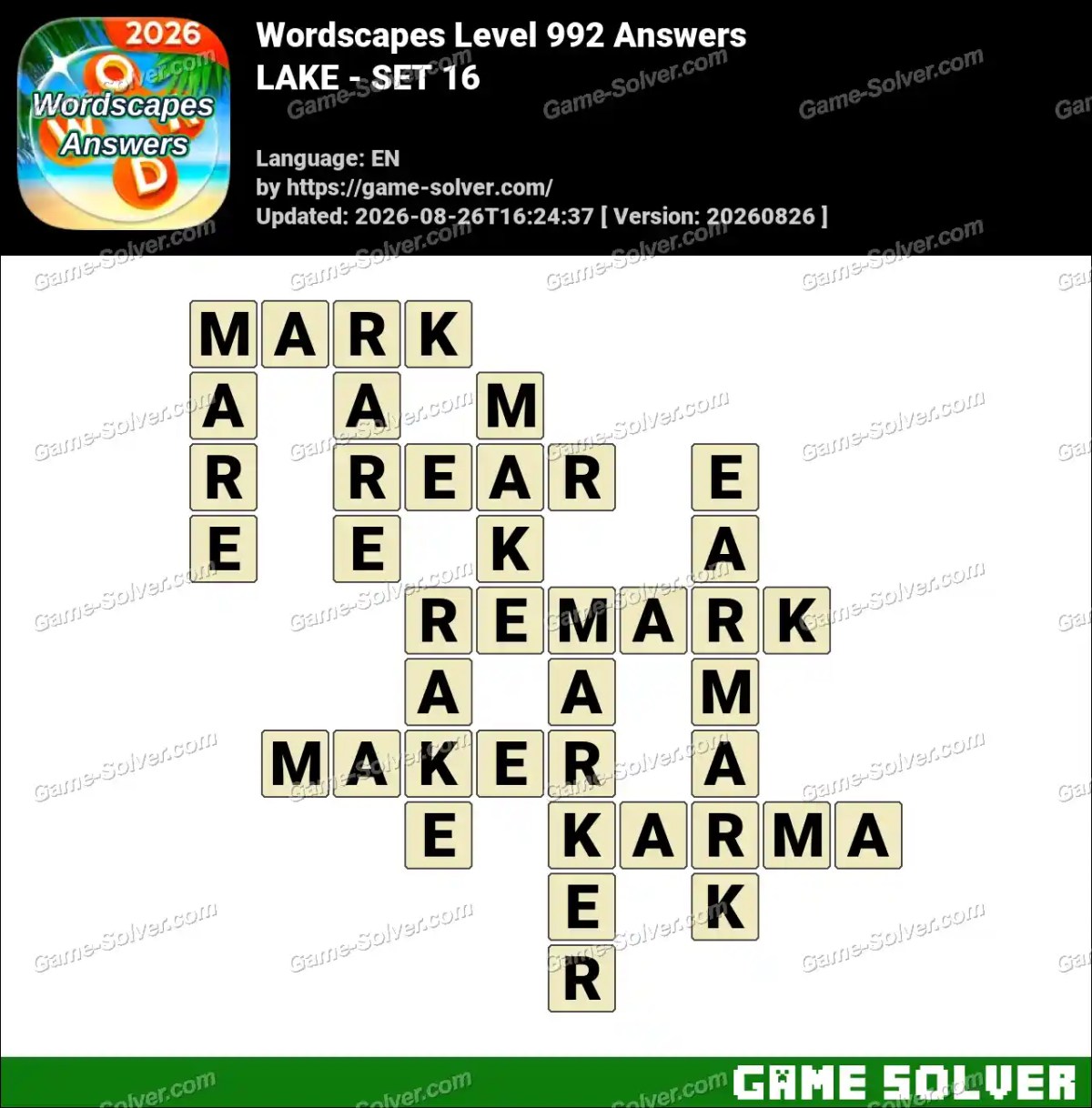 Wordscapes Level 992 Answers — LAKE - SET 16
