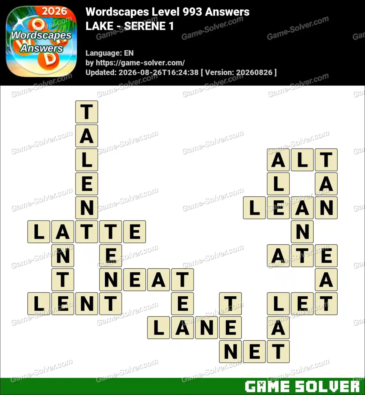 Wordscapes Level 993 Answers — LAKE - SERENE 1