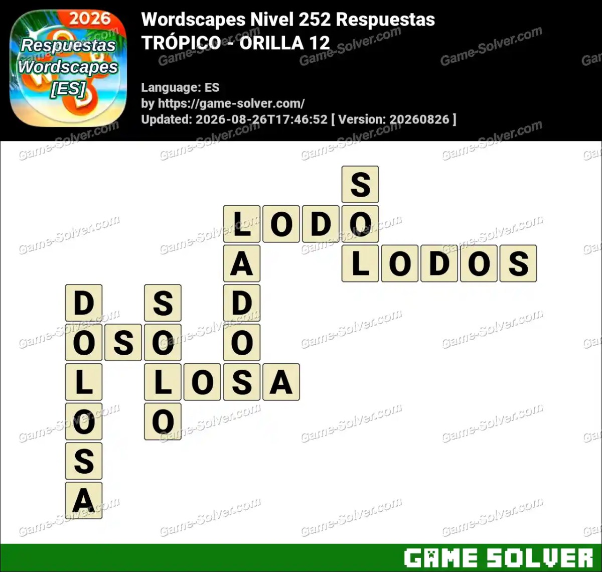 Wordscapes español Nivel 252 Respuestas — TRÓPICO - ORILLA 12