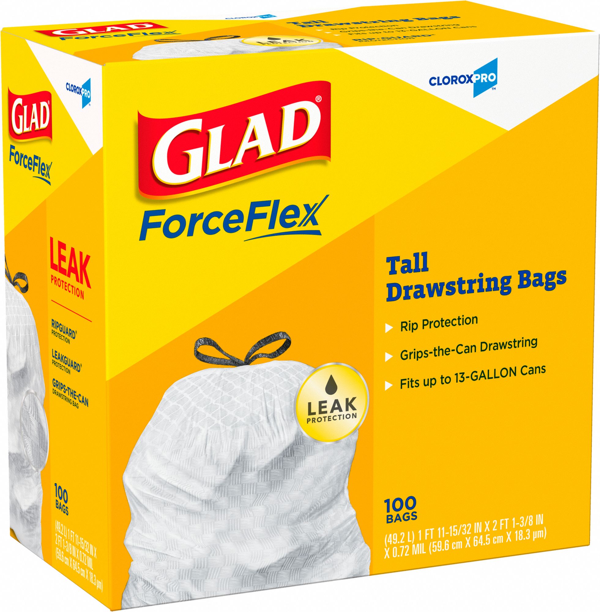 Glad trash bag, 13 gal, lldpe, coreless roll, white, pk 100