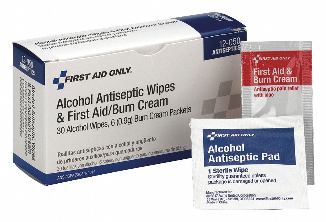 Grainger approved antiseptic wipes, cream, wipes, box, wrapped packets