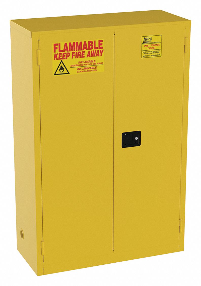 Safety signage in large red lettering. JAMCO 45 gal Flammable Cabinet, Self-Closing Safety