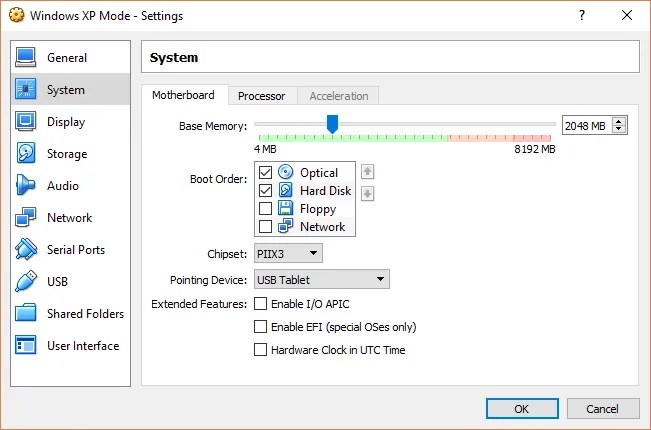 xp mode boot settings