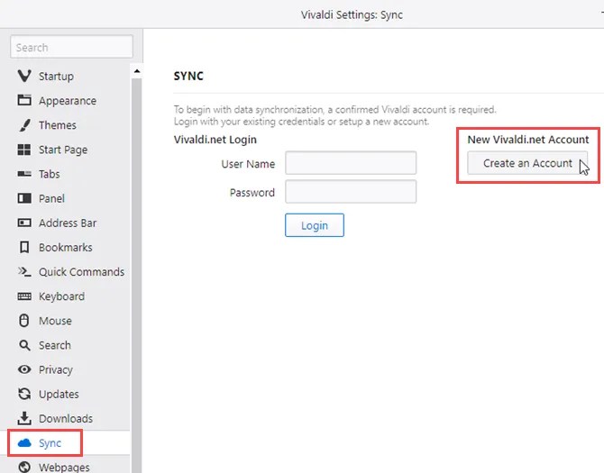 Click Create an Account on Vivaldi Sync settings page