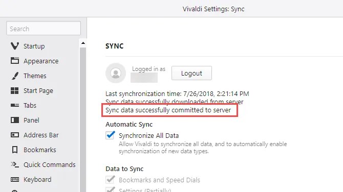 Sync data successfully committed to server in Vivaldi