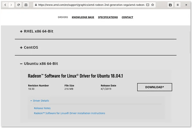 AMD website displaying graphics drivers available for Linux