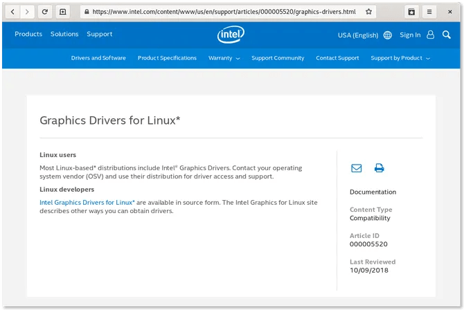 Intel website displaying graphics drivers available for Linux