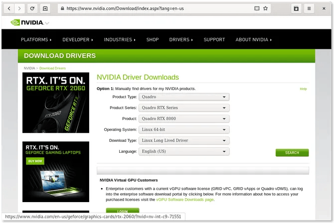 NVIDIA website displaying graphics drivers available for Linux