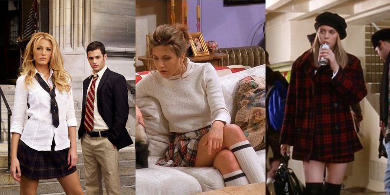 เสื้อผ้าลายสก็อต (Plaid Clothes)
ลายสก็อตถือเป็นลายสุดคลาสสิกที่ไม่ว่าจะอยู่บนเสื้อผ้าชิ้นไหนก็ดูดีและให้ความรู้สึกสดใหม่อยู่เสมอ ไม่ว่าจะเป็นกระโปรงลายสก็อตแบบที่ราเชล จาก Friends ใส่จับคู่กับถุงเท้ายาวถึงหัวเข่าให้ลุคนักเรียนมัธยมใสๆ หรือแม้แต่จะใส่ลายสก็อตทั้งตัวแบบสาวเชอร์จาก ขอเวอร์ให้สะเด็ด (Clueless) ก็ยังปังไม่แพ้กัน แถมลายนี้ยังได้รับความนิยมยาวมาจนถึงยุคปัจจุบันดังจะเห็นได้จากแก๊งสาวๆ อัปเปอร์ อีสต์ ไซด์ใน แสบใสไฮโซ (Gossip Girl) ที่ยังดูหรูดูแพงได้ในกระโปรงนักเรียนลายสก็อต แถมยังเพิ่มดีกรีความเปรี้ยวขึ้นอีกนิดด้วยเสื้อเชิ้ตพอดีตัวกับเนคไทหลวมๆ พร้อมกับปลดกระดุมสักสองสามเม็ด