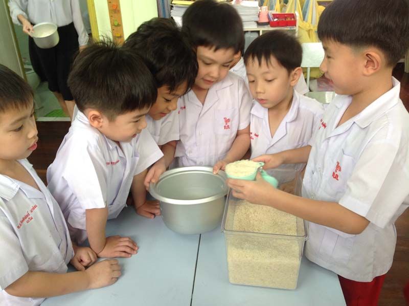 ตวงปริมาณข้าวและน้ำเพื่อทำการหุง