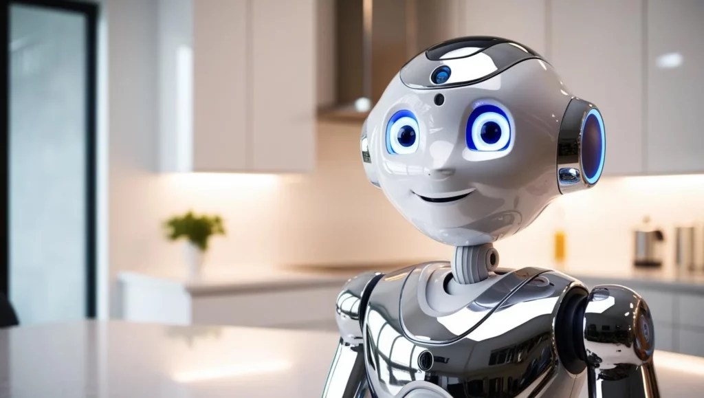 配備平板螢幕與旋轉支架的桌上型智慧居家機器人