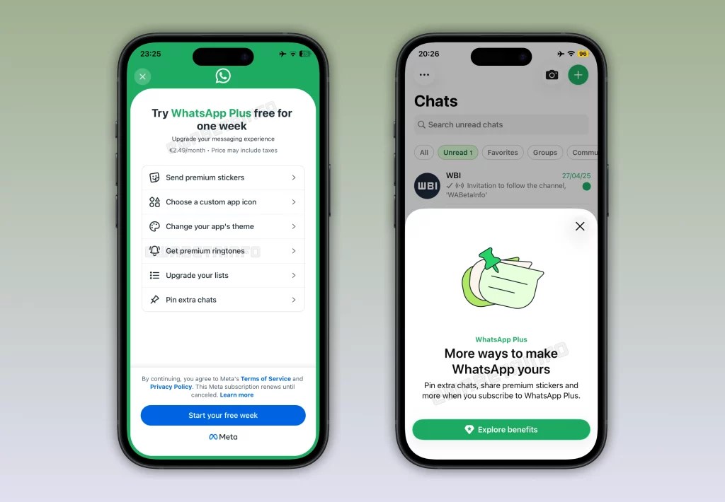 手持 iPhone 顯示 WhatsApp Plus 多樣化的自定義介面與對話背景。