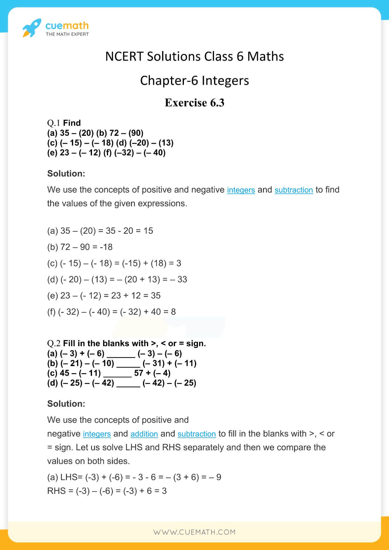 ncert solutions for class 6 maths chapter 6 exercise 6 3 integers access free pdf