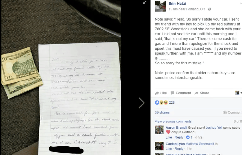 Accidental thief returns Subaru with apology, gas money | Quick Pianos