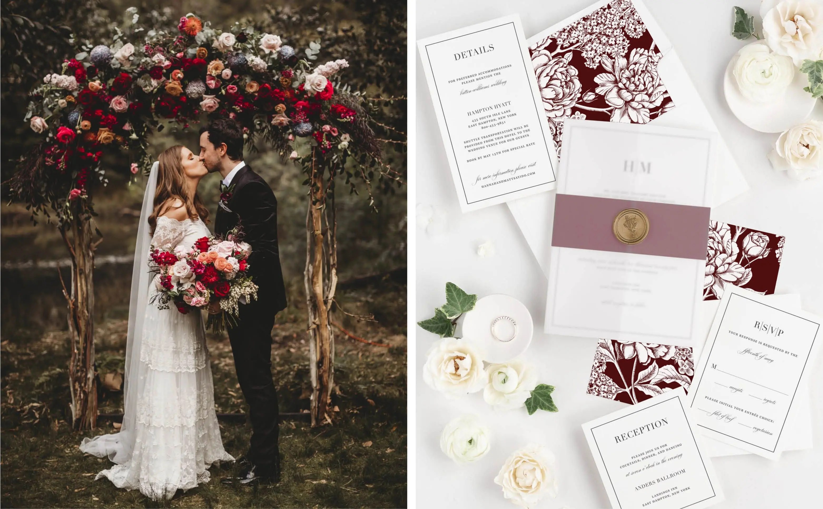 Glamorous red wedding invitations: glam monogram design ideas
