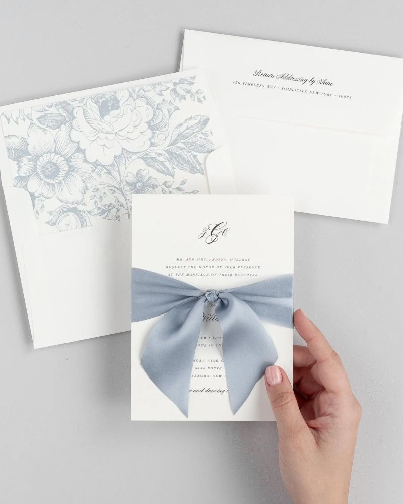 Script Invitations With Floral Monogram Crest Shine Wedding Invitations - Landscape Design Collection - Desktop Quality