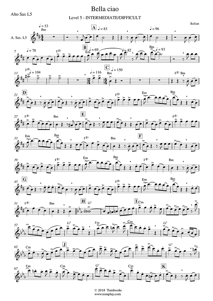 Piano & 4 mixed voices (soprano, alto, tenor/bariton, bass), 4. Bella Ciao Mittlere Fortgeschrittene Stufe Alt Sax Traditionell Saxofon Musiknoten