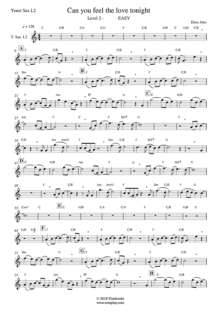 Download or print the pdf sheet music for piano of this pop, . Can You Feel The Love Tonight Easy Level Tenor Sax Elton John Saxophone Sheet Music