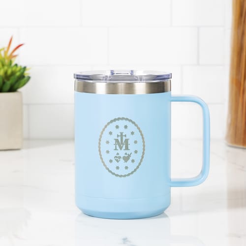 Personalized Miraculous Medal Blue Travel Mug