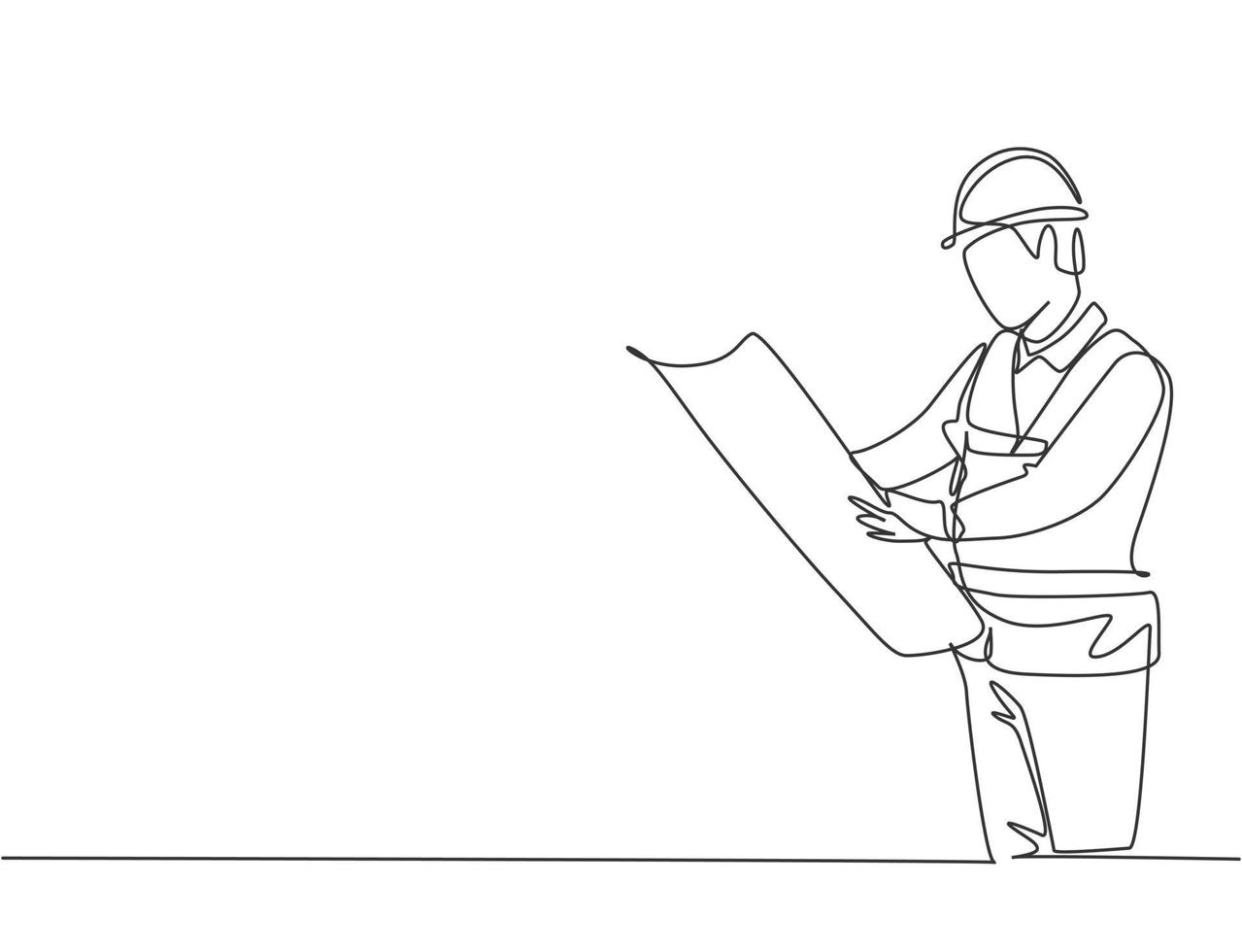 Un Solo Dibujo De Linea Continua De Un Joven Arquitecto Atractivo Comprobando El Plano De La