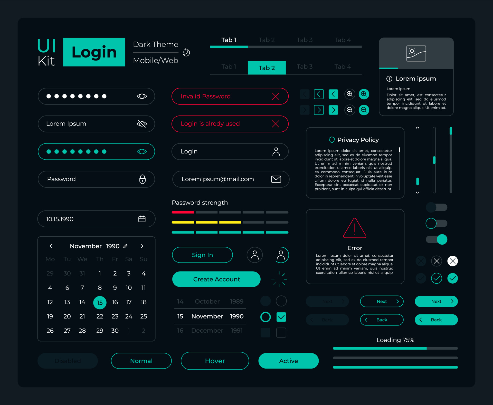 Login ui elements kit. security setup isolated vector components. flat