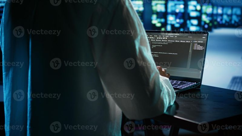 Licensed Programmer Running Code On Laptop Troubleshooting And Updating Data Center Equipment - 4K Minimal Illustrations for Desktop