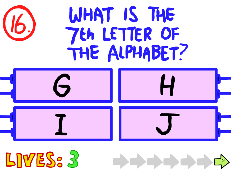 What is the 7th letter of the alphabet?perhaps this question will trick or entertain you. Question 16 The Impossible Quiz The Impossible Quiz Wiki Fandom
