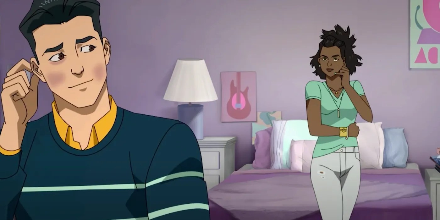 Mark and Amber from Invincible pretending to call each other on the phone.