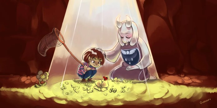 Two characters kneeling down in the video game Undertale