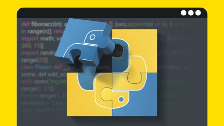 Python コードのぼかした背景の上に Python ロゴを形成するパズルのピース。