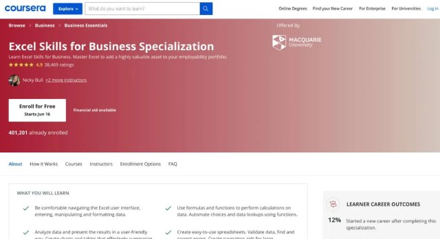 Macquaire University's 4-part course on Coursera teaches essential Excel skills for business and workplace over 24 weeks