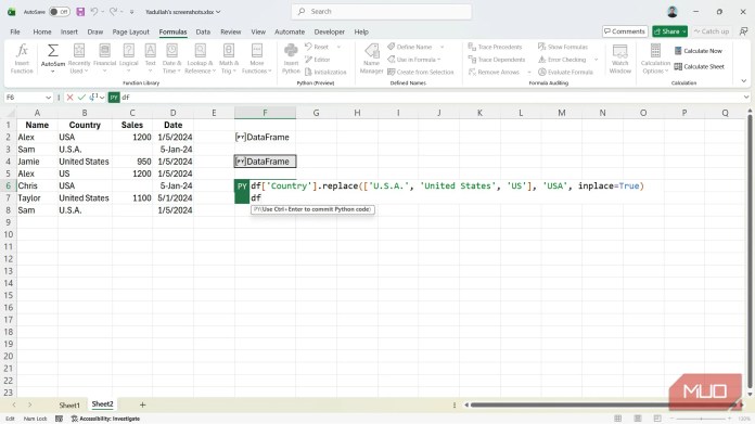 The Sundarban Abbreviation correction Python code in Excel.