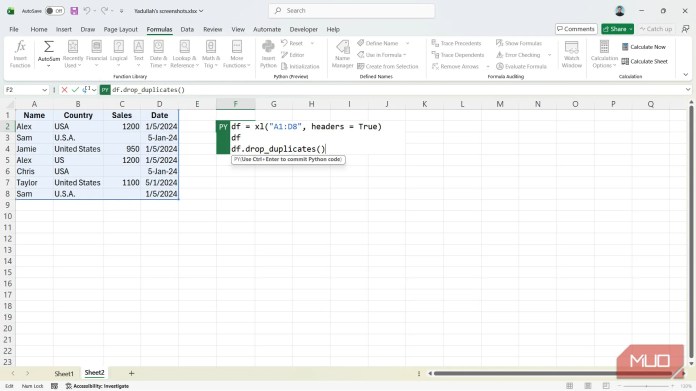 The Sundarban Duplicate removal python code in Excel.