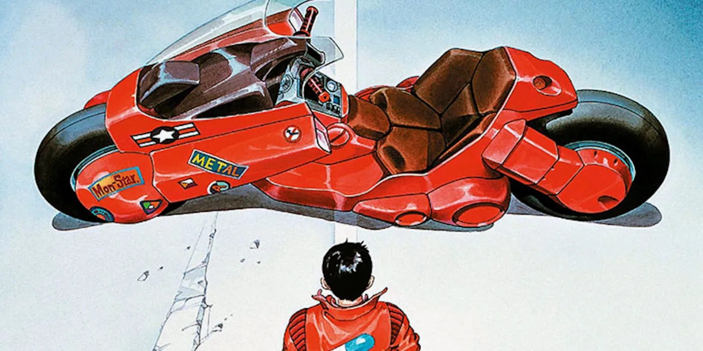 Póster de la película Akira que muestra a Kaneda caminando hacia su icónica bicicleta roja.