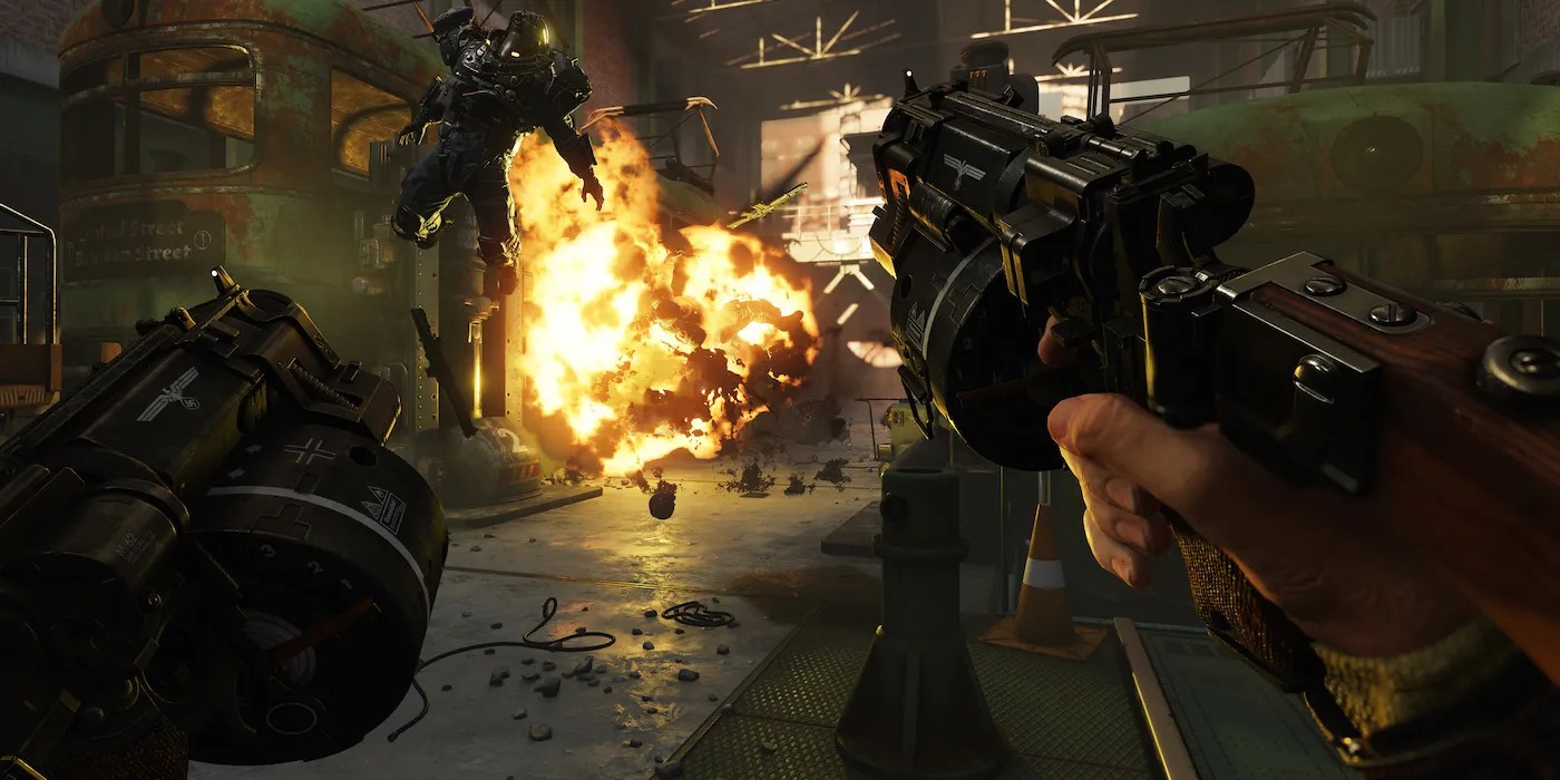 El jugador empuña dos armas de Wolfenstein II.