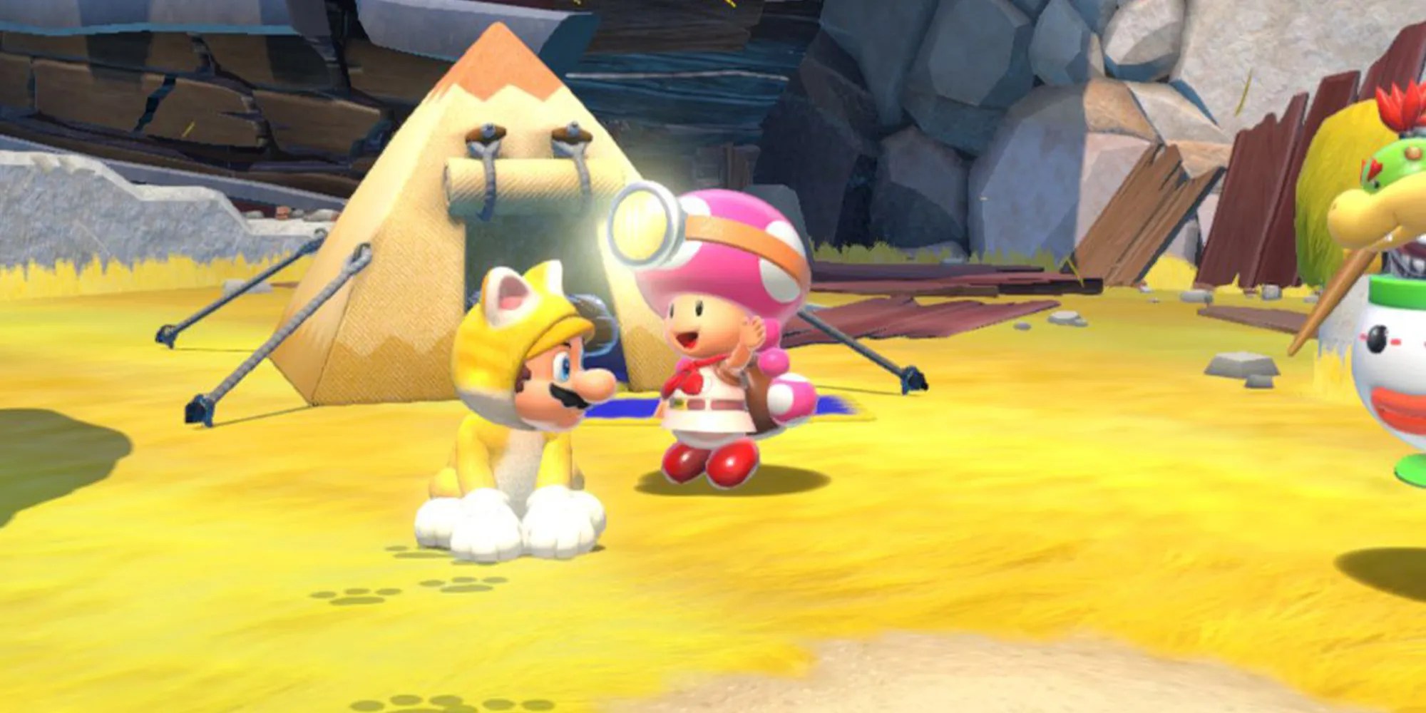 La brigada del sapo vitoreando frente a Mario con un traje de gato
