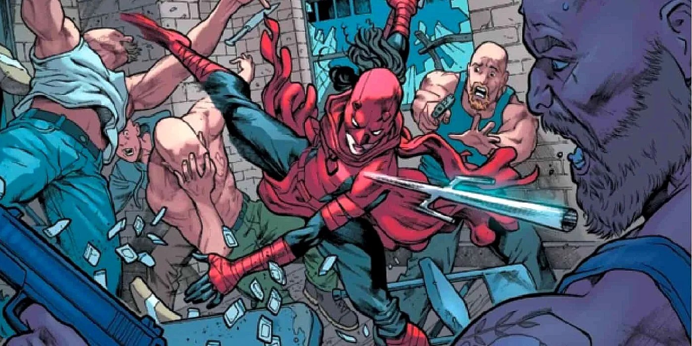 Elektra in her Daredevil identity beats up a room full of criminals.